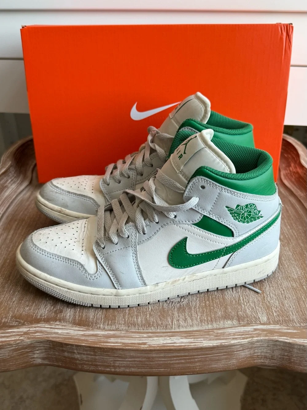 Jordan Men’s High-Top Sneakers - White & Green Accents | Size 7.5